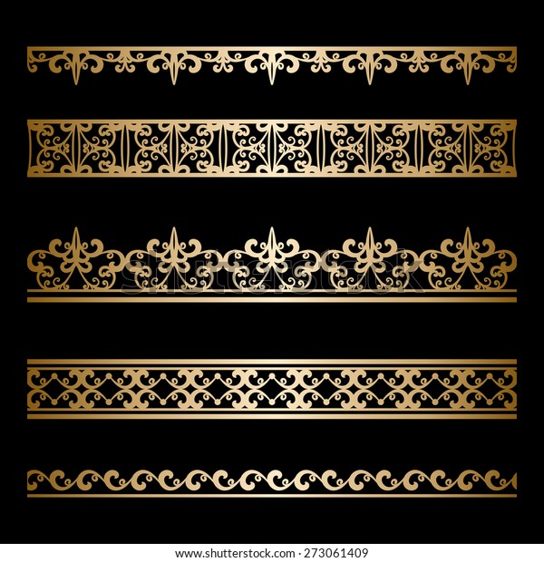 Set of vintage gold borders, ornamental\
lines isolated on black, raster\
illustration