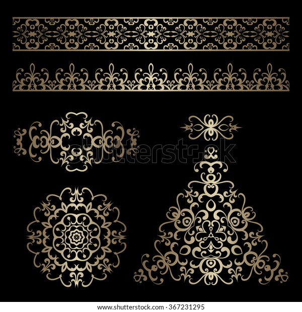 Set of vintage\
gold ornamental borders and swirly decorative design elements on\
black, raster\
illustration