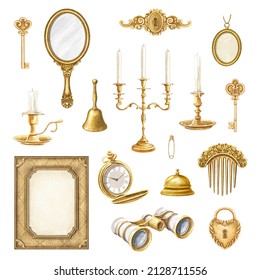Set with vintage golden mirror, comb, bell, medallion, gold frame, candles in candlesticks, binoculars, watch and keys isolated on white background. Watercolor hand drawn illustration sketch