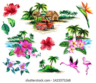 A Set Of Vintage Hawaiian Tropical Island Scene Elements.