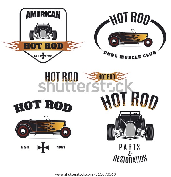 Set of vintage hot rod icons. Hot rod parts\
& restoration, car club\
emblems