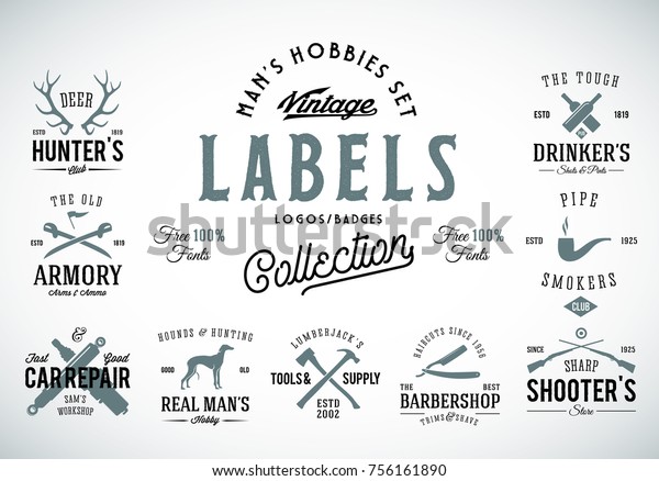 Set of Vintage Icons, Labels\
or Logo Templates With Retro Typography for Mens Hobbies Such as\
Hunting, Arms, Dog Breeding, Car Repair, etc. Isolated. Raster\
copy.