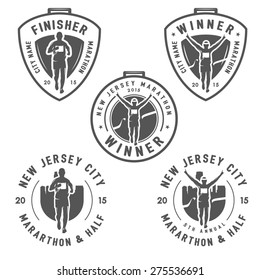 Set Of Vintage Marathon Labels, Medals And Design Elements