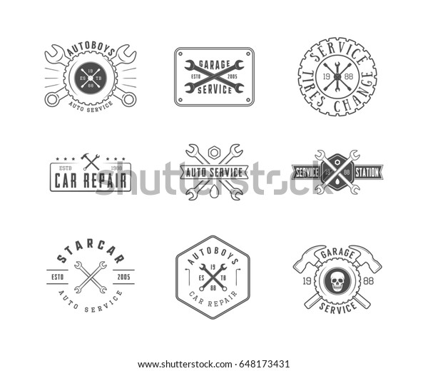 Set of vintage mechanic
labels, emblems and logo. Graphic Design Art. Monochrome
Illustration.

