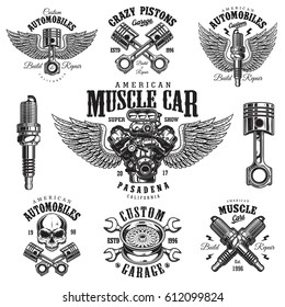 Set of vintage monochrome car repair service templates of emblems, labels, badges and logos. Isolated on white background. Perfect for t-shirt printing.