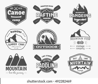 Set of vintage mountain, rafting, kayaking, paddling, canoeing camp logo, labels and badges. Stylish Monochrome design. Outdoor activity theme. Best for adventure sites, magazines, web app. . - Powered by Shutterstock