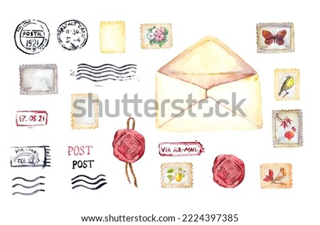 Set of vintage postal elements - postmarks, stamps for letters, post seals, old envelope. Watercolor collection for mail design