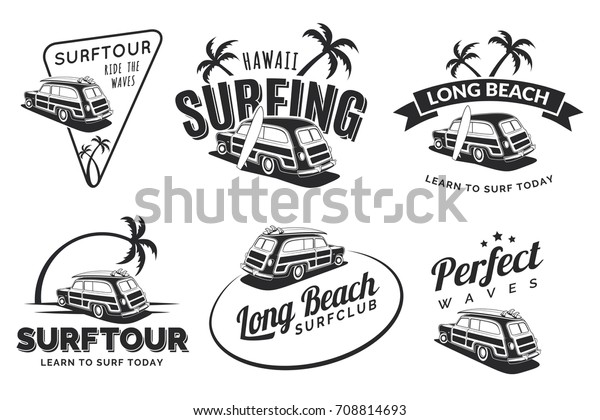 Set of vintage surfing car labels, badges
and emblems. Old school car with
surfboard.