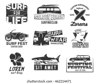 Set of Vintage Surfing Graphics and Emblems for web design or print. Surfer, beach style logo design. Surf Badge. Surfboard seal, elements, symbols Summer boarding on waves. hipster tee design