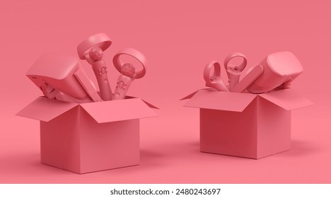 Set of virtual reality glasses and controllers in cardboard box on monochrome background. 3d render concept of sale, discount, shopping and delivery of accessories for live streaming concept top view - Powered by Shutterstock