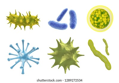 Set Of Virus, Germ And Bacteria. Collection Of Different Cell Illness And Microorganism. Isolated On White Background. 3d Render