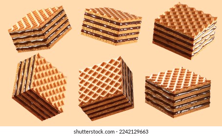 Set of Wafer Cube with cocoa. Isolated background. 3d illustration. Clipping path.
