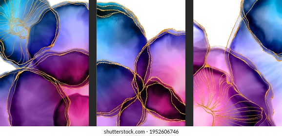 Set of wall art canvas Hand made abstract Fluid art with watercolor, alcohol ink, acrylic, stain. Abstract marble background with Elegant gold lines, veins. Liquid texture wallpaper on modern style