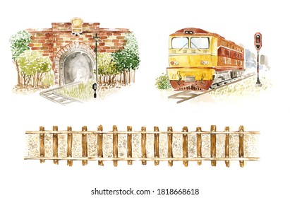 Set Of Water Color Illustration Vintage Vehicle, Train Tunnel And Railway