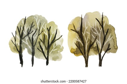 Set Watercolor Abstract Green And Black Tree Or Bush Isolated On White Background. Creative Summer Or Autumn Clipart For Sticker Card, Sketchbook. Hand-drawn Forest Object For Wallpaper, Wrapping.