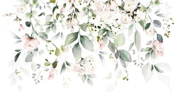 Set Watercolor Arrangements With Garden Roses. Collection Pink Flowers, Leaves, Branches. Botanic Illustration Isolated On White Background.  