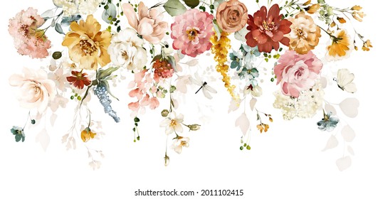 Set watercolor arrangements with garden roses. collection pink, yellow flowers, leaves, branches. Botanic illustration isolated on white background.  