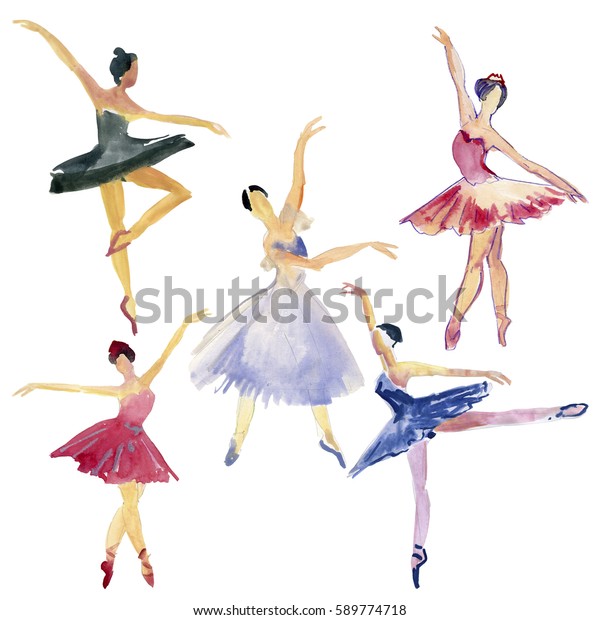 白い背景に水彩バレエダンサーのセット 手描きのデンサー のイラスト素材