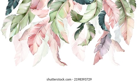 Set Watercolor Banana Leaves. Tropical Border For  Wallpaper. Collection Exotic Branches. Botanical Illustration Isolated On White Background.  