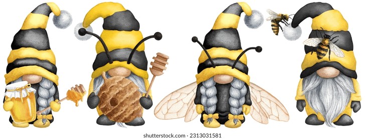 Set of watercolor bee gnomes with honey, spoon, wings, antlers. Stripy hats. Spring-summer dwarf Gnome isolated on white background, for printing greeting cards invitations, prints, banners etc.