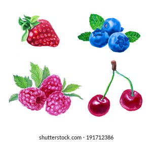 Set of watercolor berries. Strawberry, cherry, blueberry, raspberry. Hand drawn in vintage style. Raster version. - Powered by Shutterstock