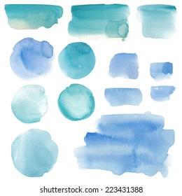 Set Of Watercolor Blobs, Isolated On White Background. Blue.