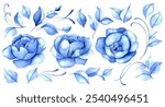 set of watercolor blue flowers and leaves. blue roses, vintage