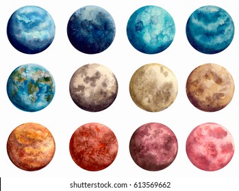 Set Of Watercolor Blue, Red And Brown Planets