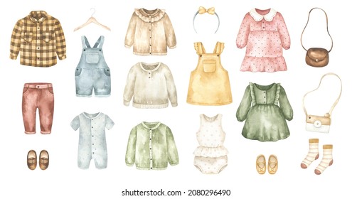 Set Of Watercolor Boho Baby Clothes And Accesories. Perfect For Nursery Posters, Prints, Cards And Invitations.