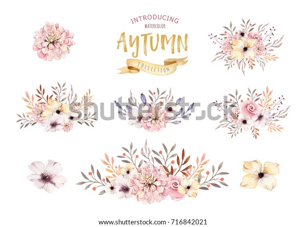 水彩ボケ花束のセット 水彩ボヘミアの自然の枠 白い背景に葉 羽 花 芸術的な装飾イラスト のイラスト素材