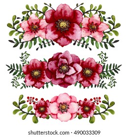 Set Of Watercolor Bouquets With Bordeaux Flowers And Berries