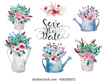 Set Of Watercolor Bouquets . Spring Flowers In Pot. Rustic  Outdoor Floral Set . Shabby Chic Style.  Tulip, Lavander, Gardening  Country Design. Florist, Plant Decoration.  Isolated White. 