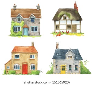 set of watercolor British cottages, English traditional architecture. 