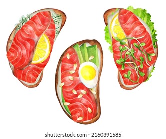 Set of watercolor bruschettas with salmon on isolated white background. Salmon toast with cream cheese, owakado, lemon and egg. Watercolor hand drawn illustration. Suitable for menu and cookbook