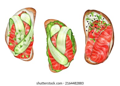 Set of watercolor bruschettas with salmon on isolated white background. Salmon toast with avocado, owakado, egg and cucumber. Watercolor hand drawn illustration. Suitable for menu and cookbook