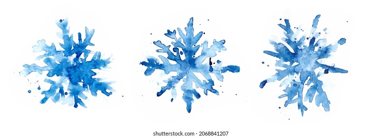 Set of watercolor brush painting, isolated snowflakes. granulation effect on paper.