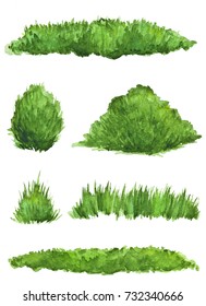 Set Of Watercolor Bushes And Chunks Of Grass On A White Background