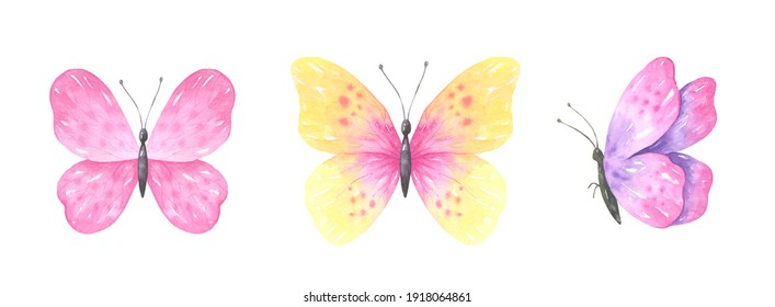 Set of watercolor butterflies in pastel colors isolated on white background. Hand drawn illustrations. Perfect for creating cards, invitations and other design projects.