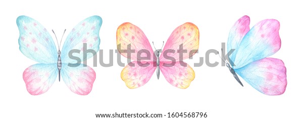 Set of watercolor butterflies in pastel colors isolated on white background. Hand drawn illustrations. Perfect for nursery wallpaper for walls. 