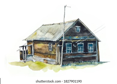 Set watercolor cards with Russian vilage. Rural houses. Watercolor hand drawn illustrations