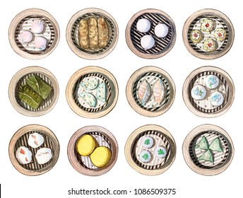 Set Of Watercolor Chinese Food Dim Sum. Hand Drawn Different Types Of Asian Food In Wooden Steamers, Top View. Tasty Chinese Food, Delicious Har Gao, Shrimp Bean Curd Skin, Rolls.