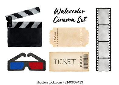 Set Of Watercolor Cinema Elements. Movie Clapper Board, Ticket, Glass, Film Tape Isolated On White
