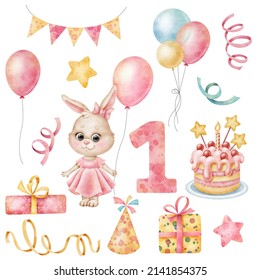 Set Of Watercolor Clipart Birthday In Cartoon Style, With Cute Baby Bunny Girl. Perfect For Design Birthday Invitations, Posters, Cards, Little Girl Party Decorations.