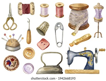 Set of watercolor clipart on the Sewing Vintage theme. Vintage sewing machine, buttons, iron, mannequin, dressmaker's centimeter, pins, thimble, thread. Design element.
