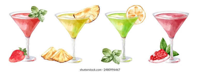 Set of watercolor cocktails with fruits. Collection of illustrations of alcoholic drinks with pineapples and strawberries. Drawing for bar and cafe menus - Powered by Shutterstock