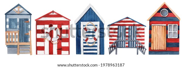 Set Watercolor Colorful Beach Huts Coastal Stock Illustration ...