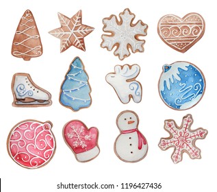 Set Of Watercolor Cookies For Christmas