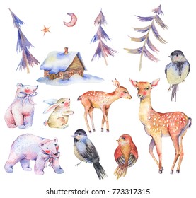 Set Of Watercolor Cute Polar Bears, Deer, Fawn, Hare, Magical Forest, Moon, Birds, Hause. Animal Nature Collection Isolated On White Background, Natural Winter Decoration, Holiday Illustration