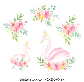 Set of watercolor cute swans and rose bouquets isolated on white background. Perfect for wedding and birthday invitations. - Powered by Shutterstock