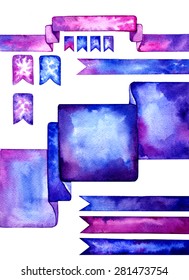 Set of watercolor design elements. Blue, pink and violet ribbon tags, frame, divider. Watercolor hand drawn templates for your website. 